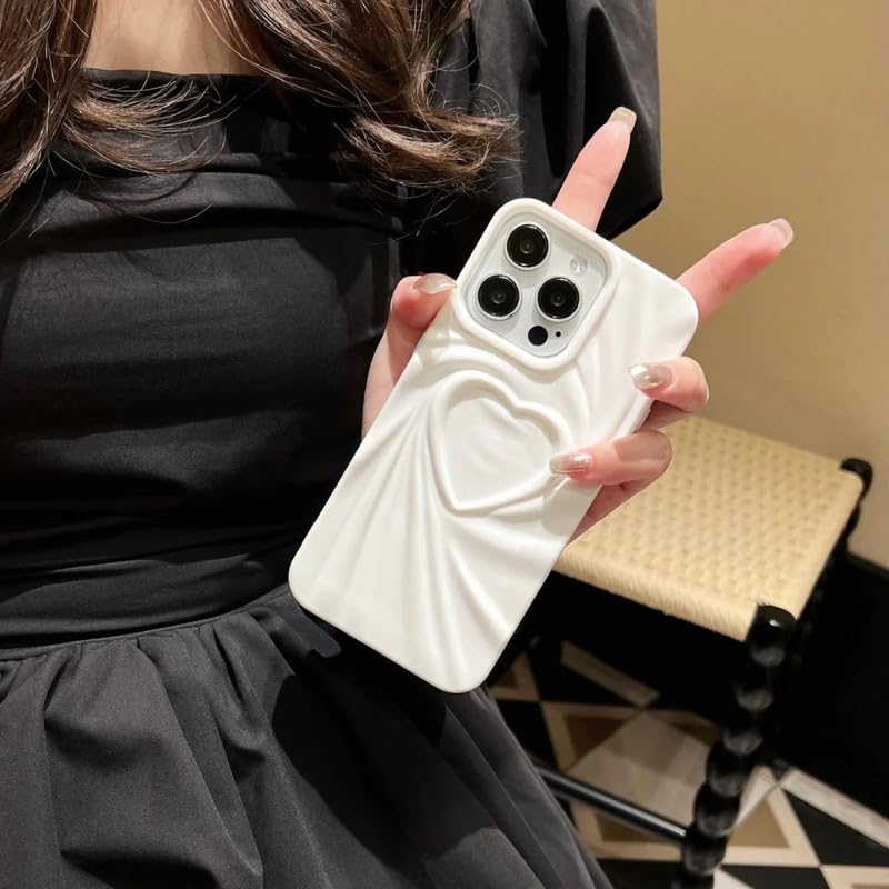 Image of COVERLY Heart Shape Design Back Case Cover for iPhone 14 Plus | Embossed Wrinkle Cute Silk Pattern | Love Trendy Matte TPU | Soft Silicone Fashion Aesthetic Cover for Girls & Women (White, Shockproof)