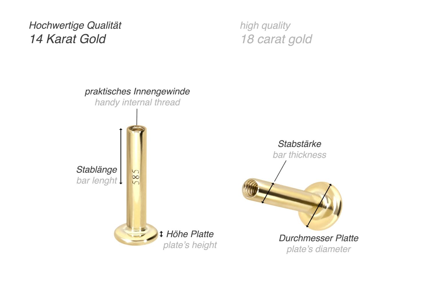 PIERCINGLINE 14 oder 18 Karat Gold Labret Innengewinde ohne Aufsatz Piercing Ohr Conch Tragus Lippe Nase Medusa Farb & Größenauswahl