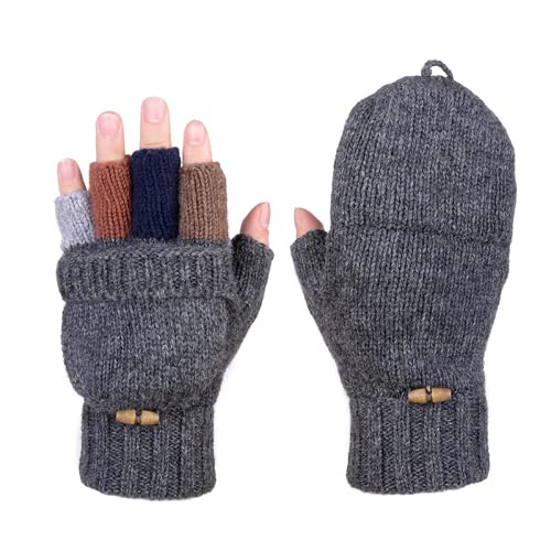 AOKAY Winter Handschuhe Fingerlose Fäustlinge Damen Fingerhandschuhe Fingerlos Handschuhe Strick Handschuhe mit Flip Top (Dunkel-Grau)