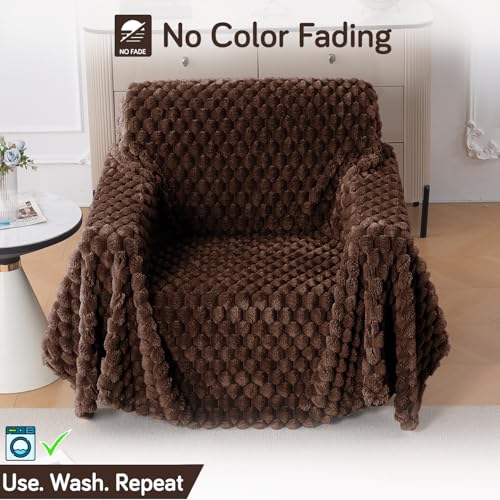 Image of HOKIPO Luxury Premium Rabbit Wool Plush Fluffy Sofa Cover, Sofa Throw for 1 Seater Sofa, 180(D) x 190(L) cm, 'BunnySoft Series' Dark Chocolate (AR-5073-DCHOC)