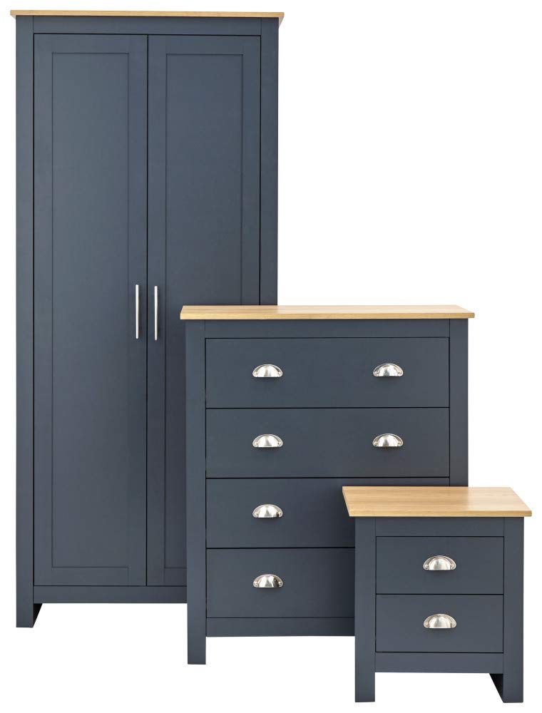 GFW Lancaster 3 Piece Bedroom Set Slate Blue Bedside Cabinet Chest Of Drawers Wardrobe