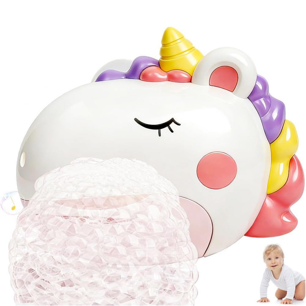 Unicorn Shape Bathroom Bubble Maker with Music, Unicorn Bath Toy, Bathtub Toy with 9 Music Tracks and Strong Suction Cups, Fun Shower Tub Toys Gift (White)