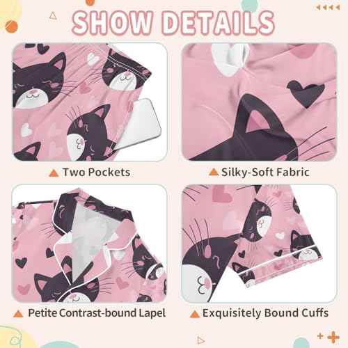 senya Cat Love Pink Background Satin Summer Pajama Sets Silk Short Sleeve Button Down Sleepwear3