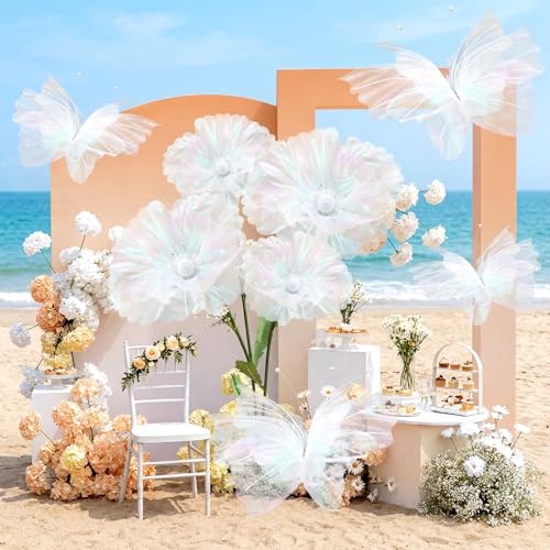 Image of Cinnvoice 8 Pcs Laser White Large Butterfly Flower Decorations 20 Inch 12 Inch 3D Giant Laser White Silk Butterfly Big Flower Mariposas Grandes para Decoracion for Wedding Backdrop Birthday Party