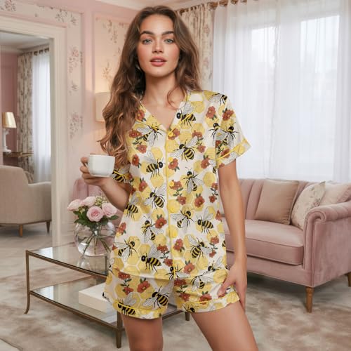 Image of Women's satin pajamas set, Short-sleeve button down Loungewear | Exclusive print on soft satin fabric; breathable comfort for sleep or lounge; button front top, elastic shorts; easy care