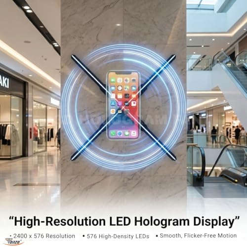 Image of TONZO 52 cm 3D Hologram Fan Spin Display, 4 Blade LED Holographic Advertising Display (574 LEDs), Wi-Fi Bluetooth App Control | Wall Mount 3D Video & Image Display for Shop, Retail, Events & Parties