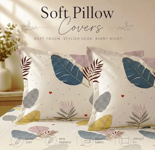 Image of BSB HOME 210 TC Cotton Feel Double Bedsheet with 2 Pillow Covers, Soft & Breathable Floral Printed Bed Sheet, Easy Care Bedding for Bedroom - 86 x 88 Inches (218 x 224 cm) (Vanilla Cream)