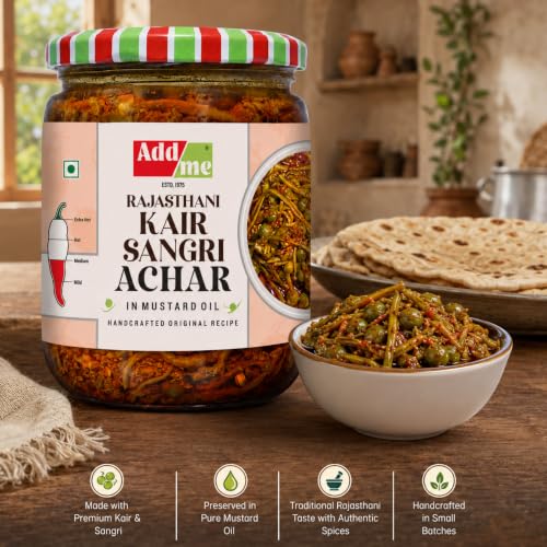 Image of Add me Rajasthani Ker Sangri Pickle In Mustard Oil 500gm | Homemade Tasty Flavour | Natural & Chemical-free Ingredients | Fresh Panchkuta Kair Sangri Pickle in Glass Jar