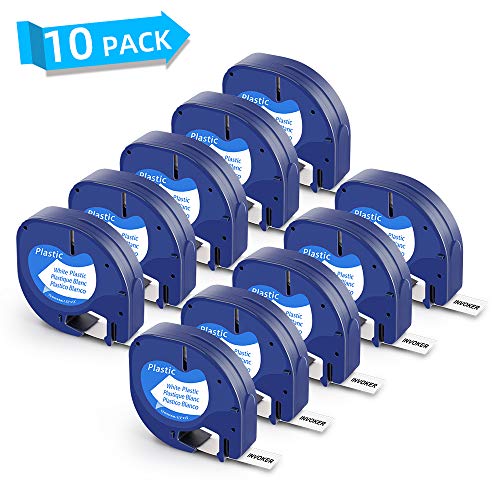 InvokerCintas de Etiquetas compatible para usar en lugar de Dymo LetraTag 91201 S0721610 Plástico Cassette Recambio 12mm x 4m, para LT-100H LT-100T LT-110T QX 50 XR XM,Negro sobre Blanco,pack de 10