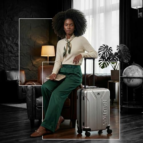 Image of Nautica 20 inch Polycarbonate Hard-Sided Unisex Cabin Luggage Trolley | 8-Wheel Spinner, Telescopic Handle | Durable, Secure Combination Lock | Modern Design Travel Suitcase for Men & Women | Silver