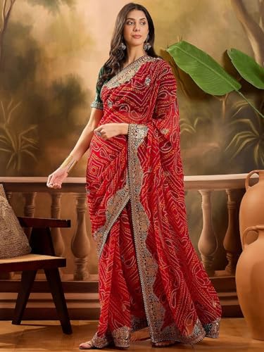 Image of Women's Georgette Bandhani Printed Embroidery Saree with Unstitched Blouse Piece