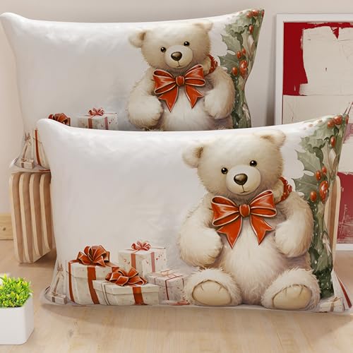 PETTI Artigiani Italiani - Coppia di Federe Cuscino 50x80 cm in Microfibra, Federe Natalizie, Cuscini Arredo di Natale Camera da Letto, Divano, Salotto, Set 2 Fodere Copricuscino, Federa Orsetto 01