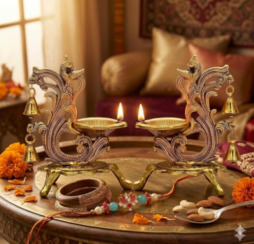 Image of Saudeep India Oxidized Metal Diya for Puja | Diwali Oil Lamp Peacock Design Perfect Gift | Antique Akhand Deepak Home Decor 14x9x20cm (Pack of 2 Diya with Bro Rakhi)