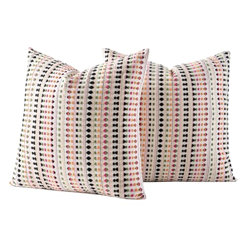 Zealax Boho Throw Pillow Decorative Striped Pillow Covers 18x18 for Couch Bed Living Room, Neutral Cushion Cover Cotton Textured Farmhouse Pillow Cases Set of 2, Colorful