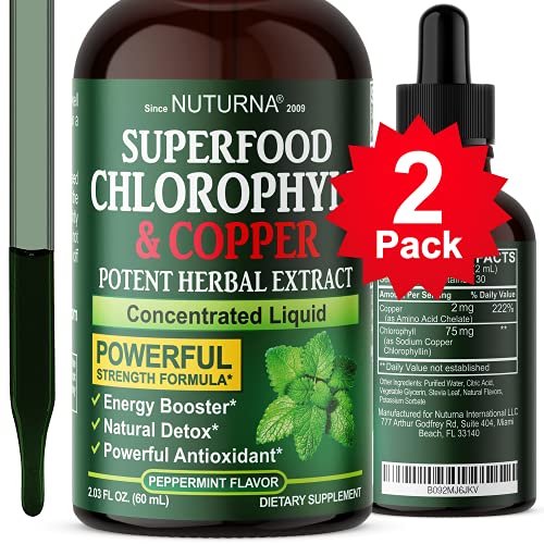 Chlorophyll Liquid Drops Double Concentrate - 100% Natural Vegan Liquid Chlorophyll - Energy Supplement Natural Deodorant Liver Function Immune Support - Non GMO, Mint 75 mg Daily for Water 2 Pack