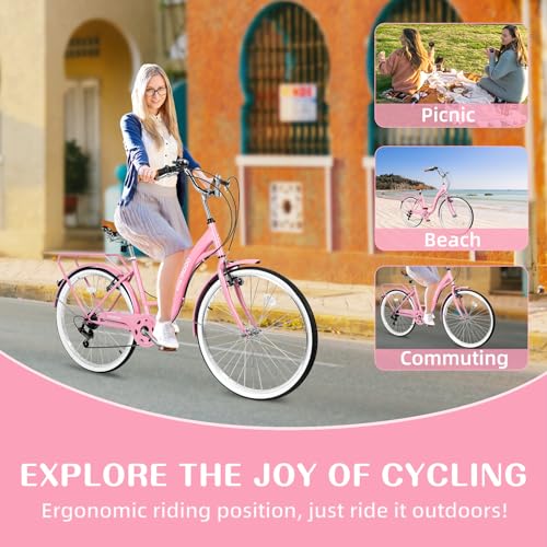 Bicicleta playera para mujeres de 26 pulgadas, 7 velocidades, frenos V, neumáticos antideslizantes y portaequipaje, asiento ajustable, marco ligero, conducción cómoda y suave, color rosa miniatura 7
