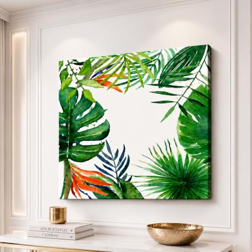 Image of PAINTINGMANTRA Tropical Green Leaves Stretched Canvas Wall Art Painting for wall decoration | Botanical Leaf Nature Inspired Painting for Living Room, Bedroom and Office, 22x22 Inch
