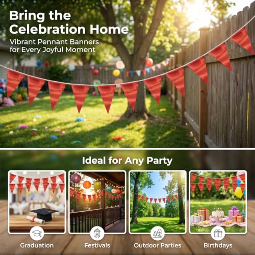 Image of 40M /130FT Red Triangle Pennant Banner Flag Metallic Fabric Bunting Garland for Christmas Graduation Wedding Engagement Anniversary Bachelorette Birthday Bridal Shower Valentines Hen Party Supplies