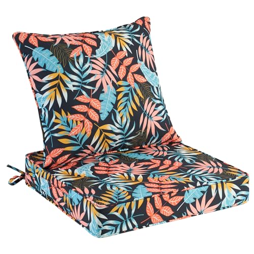 Image of UNIKOME 22 inchx22 inchx3 inch Outdoor Chair Cushions Set - Waterproof Patio Cushions for Outdoor Furniture with Removable Cover, Ties & Handle, Deep Seat Patio Cushions for Sofa Couch - Dark Leaves
