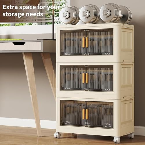 Image of REXERA ๐ ๐๐๐๐ Plastic Wardrobe for Storage Cabinet with Wheels | Multipurpose Clothes organizer Almirah Wardrobe for Clothes, Kitchen Cupboard | Plastic Organizer with Transparent Doors - WHITE