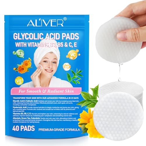 Almohadillas Exfoliantes de Ácido Glicólico, Limpieza Facial para Manchas Oscuras y Acné, Desbloquea Poros, Reduce Puntos Negros, Espinillas y Exceso de Aceite, Todo Tipo de Piel, 40 Pads