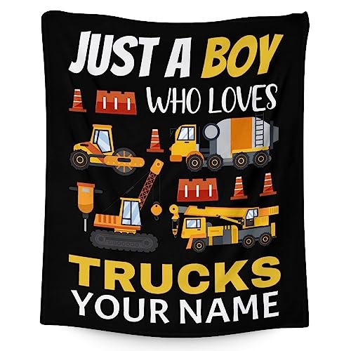 Personalized Construction Truck Blanket Gifts with Name - 40x50 Inches Funny Throw Blanket for Boys - Black Soft Fuzzy Excavator Blankets for Bed, Couch & Living Room