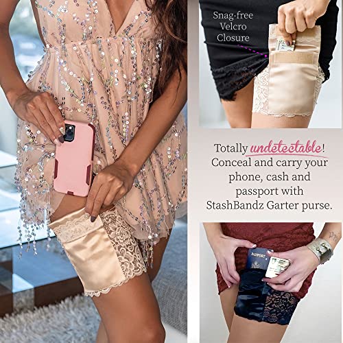 Stashbandz 2 Security Pockets, Wedding Phone Garter, Lace Thigh Purse with Stay-put Grippers, Fits any Size Phone & More2