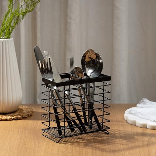 Image of DULI Multi Utility Metal Stand for Cutlery & Bathroom | Iron Wire Organizer with Black Coating | Storage Holder for Kitchen, Utensils & Bathroom Accessories (14 x 7.5 x 14 cm) (Jali 2 Section)