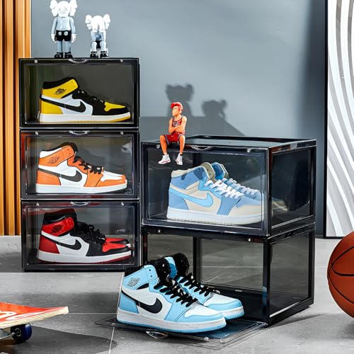 Image of NYALKARAN Shoe Storage Organizer Box for Sneakers - Transparent, Heavy Duty, Stackable with Magnetic Door - Large Plastic Shoe Box for Men & Women, Multipurpose Storage (Black, PACK OF 5)