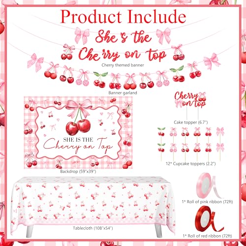 Image of Cherry Baby Shower Party Decorations Kit - Includes She's The Cherry On Top Banner, Balloon Arch, Backdrop, Tablecloth & Cake Toppers for Women Girls Cherries Themed Party Supplies