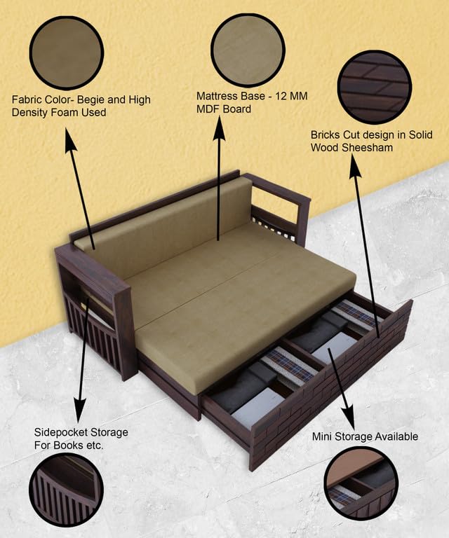Image of Solid Sheesham Wood Sofa Cum Bed 3 Seater | Wooden Foldable Double Bed for Living Room with Headboard & Storage | Bed Cum Sofa with Mattress for Bedroom Furniture (Walnut Finish)