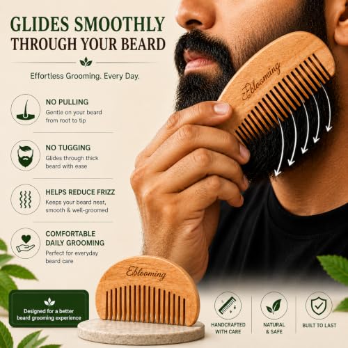 Image of Neem Wooden Beard Comb | Wooden Beard & Moustache Comb for Men | Fine Tooth Pocket Beard Comb | Smooth Rounded Teeth for Beard Grooming & Styling | Travel Friendly | 1 Piece