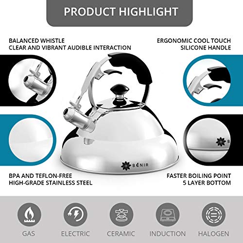 Benir Tea Kettle -2.75 Quart Stainless Steel Whistling Tea Pot for Stove Top - Thumbnail 2