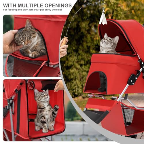 Image of MoNiBloom 3 Wheels Pet Stroller, Foldable Puppy Cage Jogger Stroller with Weather Cover for All-Season, Storage Basket and Cup Holder, Breathable and Visible Mesh for Small /Medium Pets, Red
