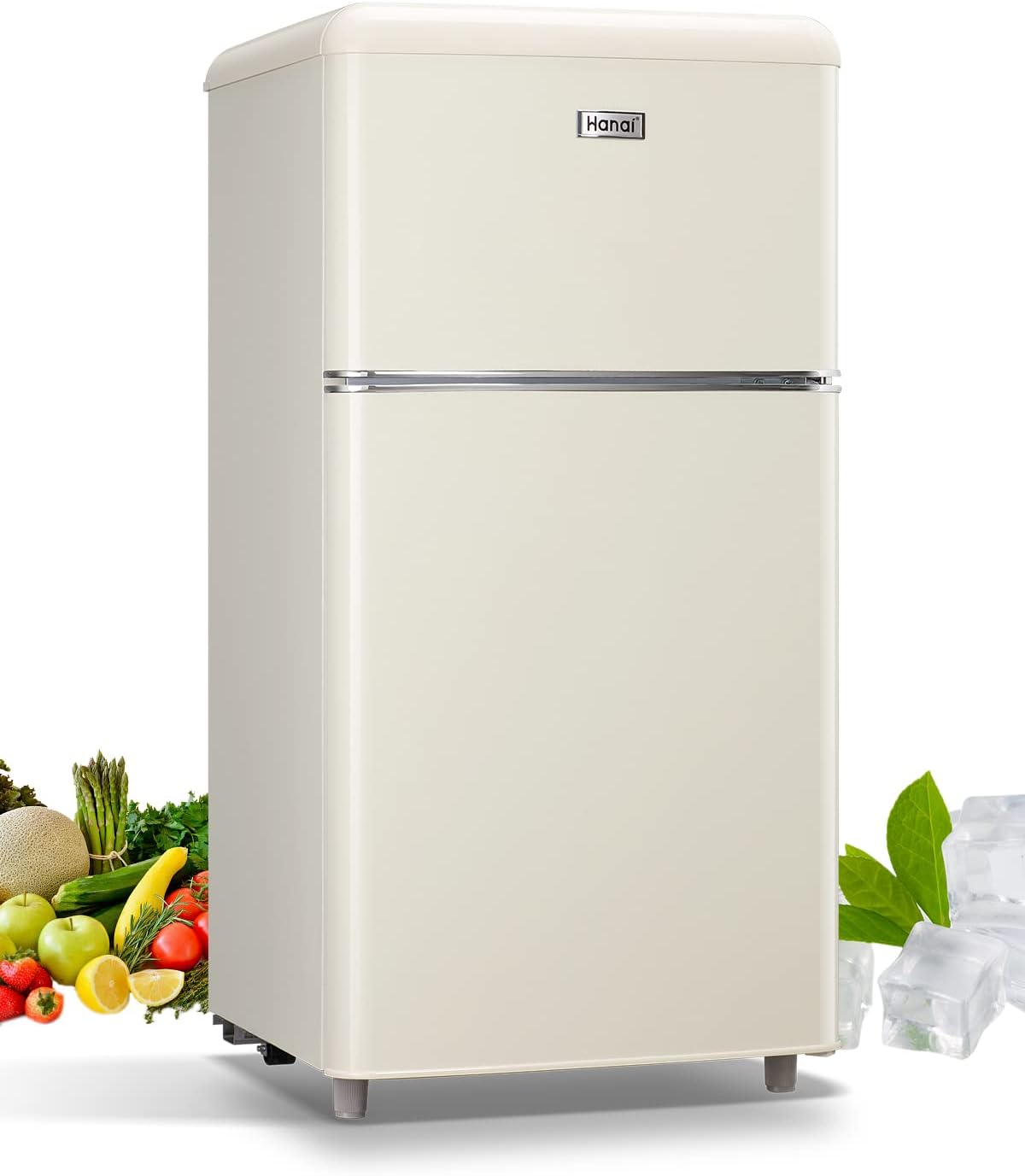WANAI Compact Refrigerator 3.2 Cu.Ft Retro Cream Fridge With Freezer 2 Door Mini Refrigerator with 7 TEMP Modes, Removable Shelves, LED Lights, Ideal for Apartment Dorm and Office, Cream