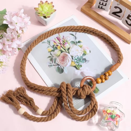 CRASPIRE Bohemian Woven Belt Boho Women Belt Brown Handmade Tassel Cotton Weaving Knotted Macrame Braided Bead Ring Apparel Decorative Long Waist Wrap Skinny Chain for Women Lady Dress Cloth Skirt3
