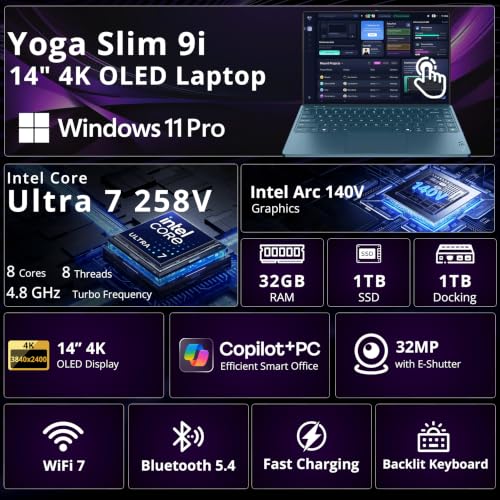 Image of Lenovo Yoga Slim 9i 14 inch 4K OLED Touch Laptop, Intel Ultra 7 258V, 32GB RAM, 2TB Storage(1TB SSD+1TB Docking Station), Intel Arc GPU, Copilot+PC, Fingerprint, Backlit Keyboard, Win 11 Pro, Tidal Teal