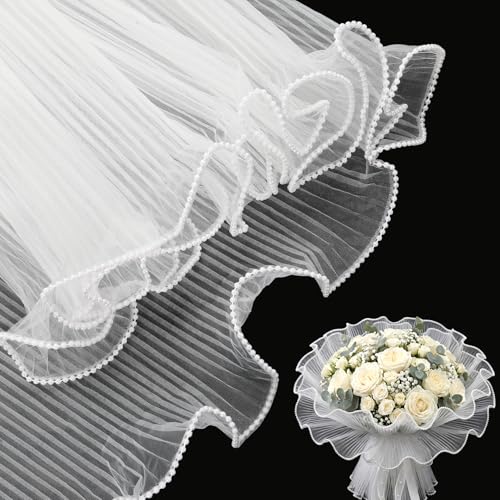 Flower Wrapping Mesh Paper White Pearl Edge Bouquet Wrapping Paper 4.37 Yards Wrinkled Translucent Bouquet Floral Packaging Mesh for DIY Crafts Mothers Day Florist Wedding Graduation Gift Packaging