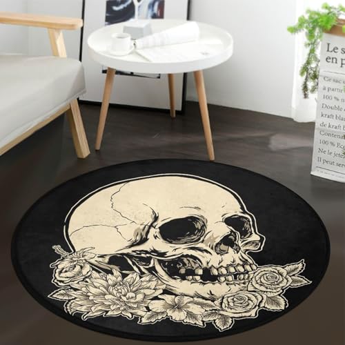keepcute Round Skull Area Rug 3ft - Skull Rose Flower Black Round Carpet Non-Slip Rug Washable Floor Mats for Kitchen Bedroom Living Room, 3' x 3' Round