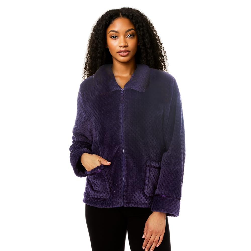 Nikaro Women's Purple Waffle Fleece Bed Jacket Soft Zip-Up Housecoat - Cosy Loungewear For Winter (Purple) 14-16