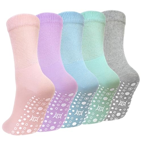 Image of CaiDieNu Non Slip Socks for Women: Non Skid Grip Socks for Elderly Hospital | Non Binding Grippy Crew Slipper Socks for Pregnant & Daily Wear, Wide Grippers Prevent Falls, Great Gifts for Seniors 5 Pairs