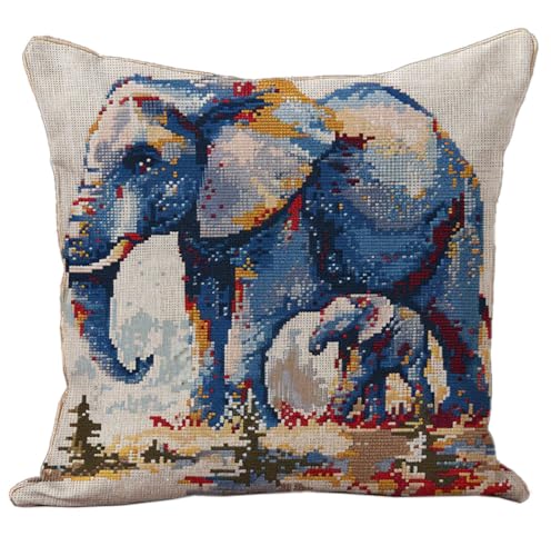 Elephant and Calf DIY Stamped Cross Stitch Pillow Kits Embroidery Pillowcase 11CT Counted Needlepoint Handmade Cushion Cover Home Sofa Christmas Decor 18x18inch(1)