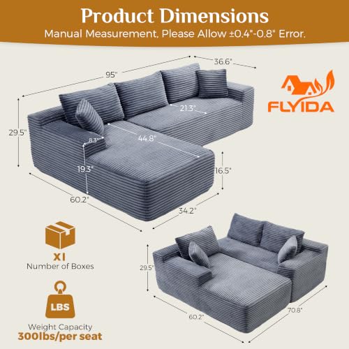 Image of 95 inch Boneless Cloud Sectional Couches for Living Room, Comfy Fluffy L Shaped Memory Foam Deep Seat Boneless Couch, Modular Sectional Sofa with Left Facing Chaise, Grey