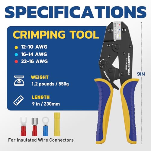 Image of haisstronica Crimping Tool for Insulated Terminals, AWG 22-10, HS-9327 | Ratchet, Adjustable Star Wheel, Full-Cycle Mechanism, Quick Release, Comfortable Grip, Home and Workshop Wiring