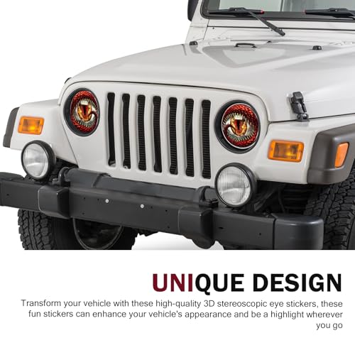 Image of 2 PCS Car Beast Eyes Decals, 3D Stereo Beast Eyes Stickers, Waterproof J-eep Round Light Decal, Cool Beast Eyes Light Decoration Stickers, Suitable for Wrangler and Most Cars (Red Animal Eyes)