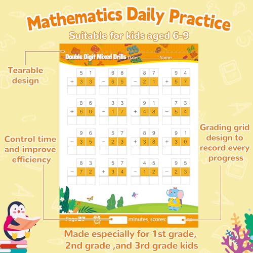 Image of Addition and Subtraction Workbook Double Digit Math Problem Workbook for 1st Grade 2nd Grade 3rd Graders, Addition&Subtraction Worksheets for Ages 5-9, Math Repetition Exercise Daily, 56 Pages
