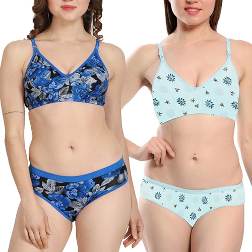 Image of Solid Printed Polka Cotton Bra & Panty Lingerie Set Combo for Women S to 3XL