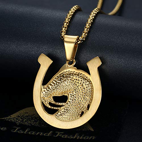 18K Gold Plated Lucky Horse Pendant Punk Rock Stainless Steel Necklace for Men Women, 24 Inch Chain Horseshoe Party Jewelry Gift4