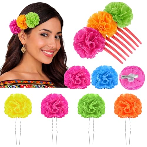 Syhood 7 Pcs Mexican Flower Hair Clips for Women Floral Hair Accessories Headpiece Marigold Flowers for Dia De Los Muertos Cinco De Mayo Decorations for Women(Red Orange Yellow Blue Green)