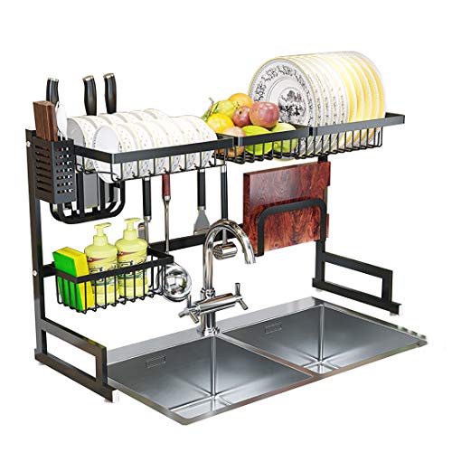 Escurridor de platos sobre el fregadero, con soporte para utensilios, estante escurridor para suministros de cocina, organizador de mostrador, exhibición de acero inoxidable, ahorra espacio en la